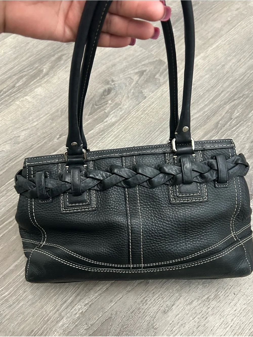 Coach Black Pebbled Leather Shoulder Bag with Silver Hardware and Tassel